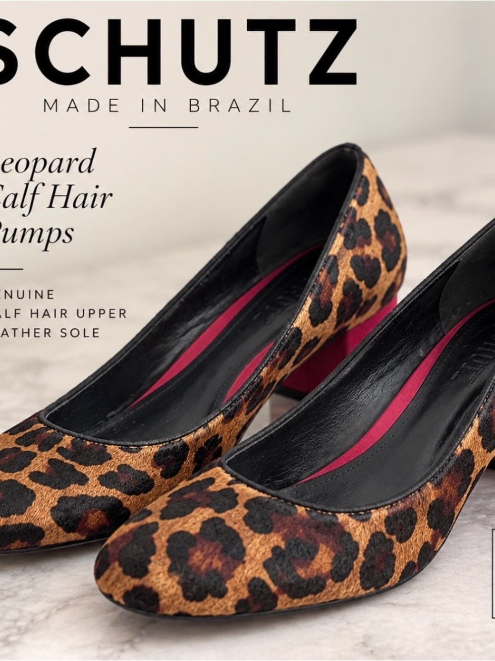 SCHUTZ Leopard Calf Hair Pumps w/Red Color Block Heels